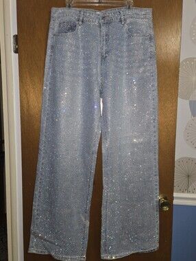 NWT Edgy Little Things Rainbow Diamante Wide Leg Sparkle Jeans Runs Small!!!